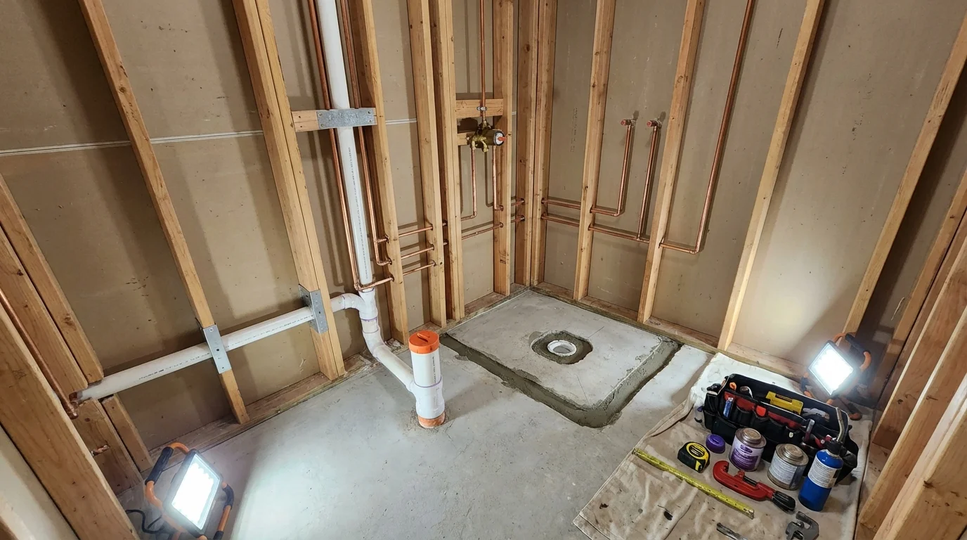 Bathroom rough-in plumbing during remodel by Johns Plumbing LLC in Rocksprings