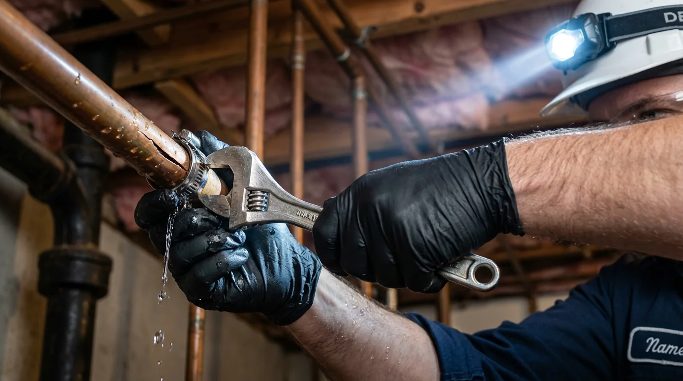 Emergency pipe clamp repair being performed by a Johns Plumbing LLC plumber in Rocksprings