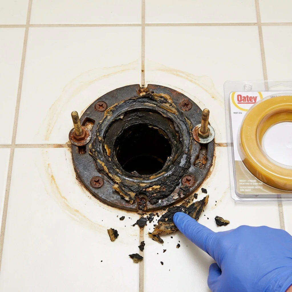 Failed wax ring showing water seepage at the base of a toilet in a Rocksprings, TX home