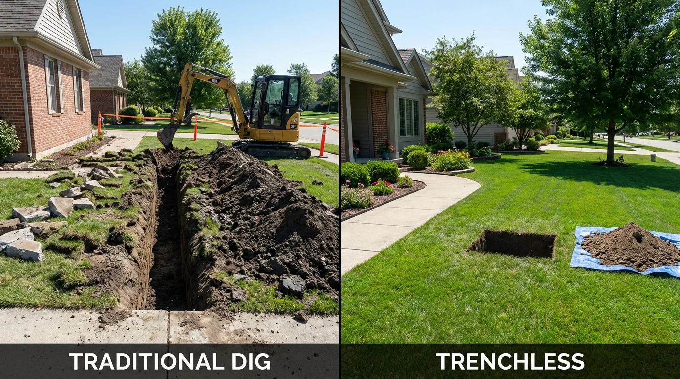 Trenchless sewer repair with minimal yard damage versus traditional excavation in Rocksprings, TX