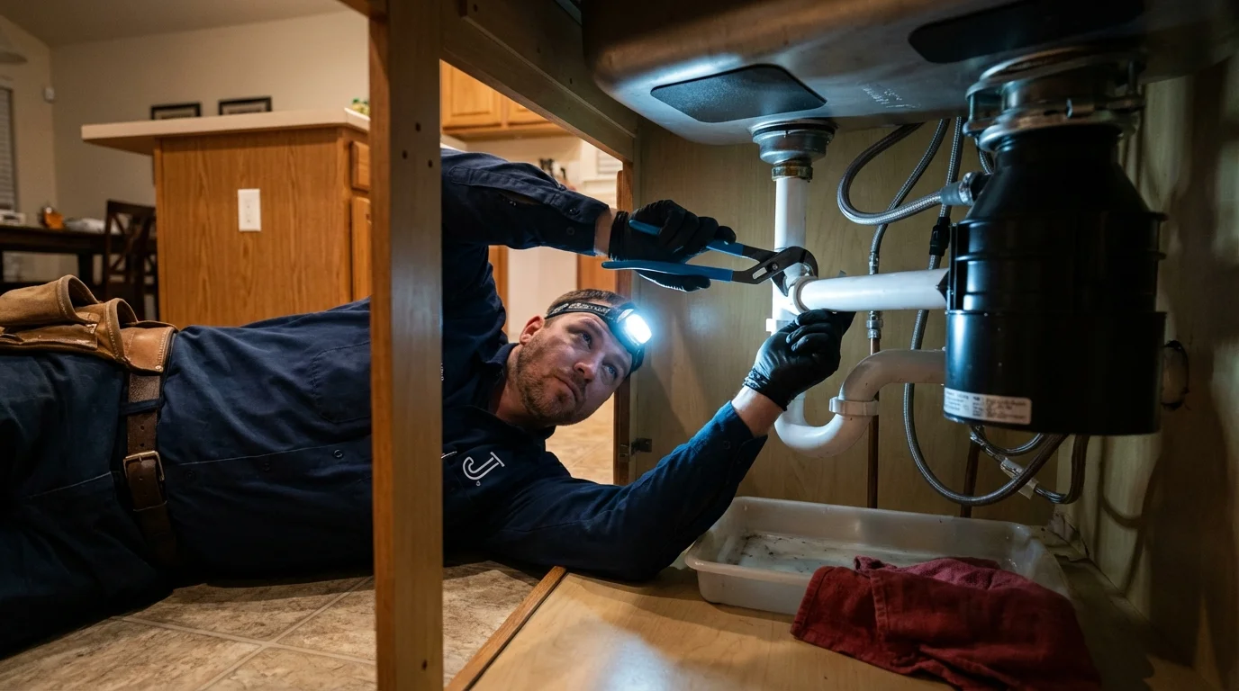 P-trap and supply line connections under a kitchen sink showing a common leak point in Rocksprings, TX